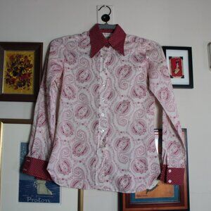 Vintage 70s Red Paisley Blouse w/ Dagger Collar XS